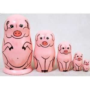  4 Inch Pink Pig 5 Piece Russian Wood Nesting Doll