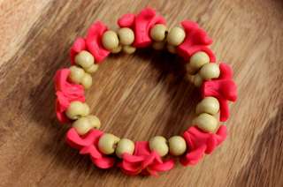 Coral Pink Plumeria Fimo Clay Bead Elastic Bracelet/Anklet Hawaiian 
