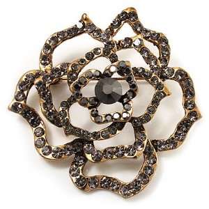   Stunning Jet Black Crystal Rose Brooch (Antique Gold Finish): Jewelry