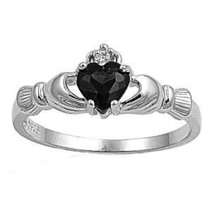  Sterling Silver Black CZ Claddagh Ring   Size 8: Jewelry