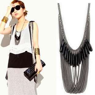   Black Dripping Gem Beads Multilayer GRAY Tassel Necklace Cool  