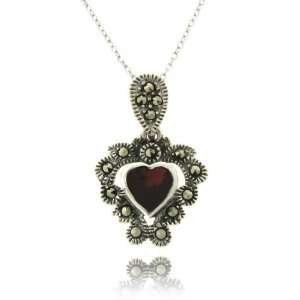    Sterling Silver Red Stone Marcasite Trim Heart Pendant: Jewelry