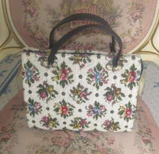 FLORAL Needlepoint/CARPETBAG~Pink/Blue Flower CAMEOS Lrg VTGE Handbag 