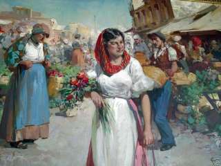 1850 antique Flower Market Woman oil Vizkeleti W E Emerich estate 