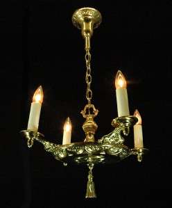 ANTIQUE 1920S EARLY ELECTRIC EMBOSSED BRASS CHANDELIER  