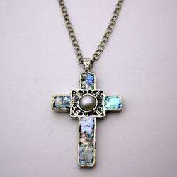 Ancient Roman White Pearl Glass Cross Necklace (Israel)   