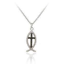 Sterling Silver Black Diamond Accent Jesus Fish Necklace   