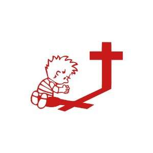  Boy Praying At Cross Large 10 Tall RED vinyl window decal 
