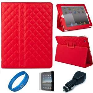  Red Quilted Diamond Design Leather Portfolio Case Cover 