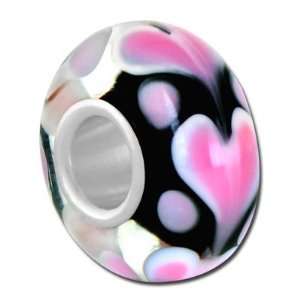  13mm Black with Pink Hearts Large Hole Beads Jewelry
