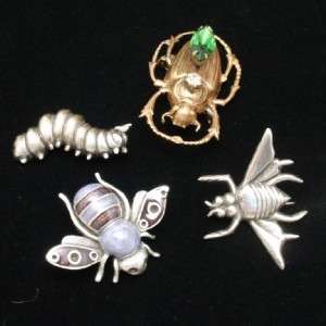 Lot of 4 Insect Bug Pins Vintage 2 Sterling Silver Caterpillar Fly 