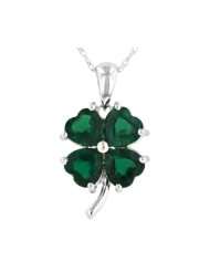 10k White Gold Created Emerald 4 Leaf Clover Pendant, 18