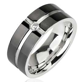Stainless Steel Black Striped CZ Comfort Fit Band Ring  
