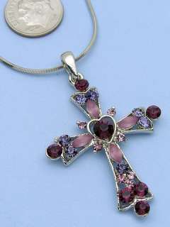 1b Purple Cross Heart Rhinestone Necklace Chain Pendant  