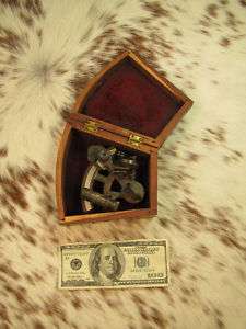 Miniature Antique Brass Sextant w/ Wood Case  
