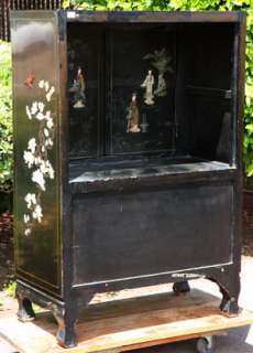   OLD BLACK LACQUER CABINET APPLIED CARVED JADE IVORY COURT SCENE  