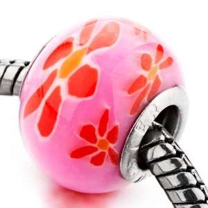 Pink Orange Red Flower Beads Fits Pandora Charm Bracelet