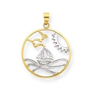  14K & Rhodium Sun, Sailboat, Water and Seagulls Pendant 