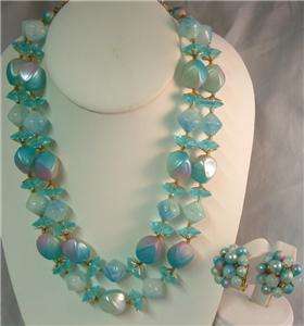 Unique Beads VTG Blue Pink Beaded Tiered 2 Strand Necklace Cluster 