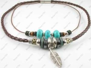 Hemp Leather Necklace Choker Men Womens Turquoise Beads  