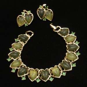 Lisner Green Leaf & Heart Set Bracelet Earrings Vintage  