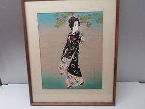   Japanese Girl Woman Artwork Painting on Silk Cloth Art Framed NR