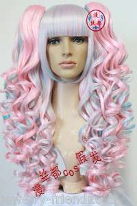   DOUBLE PINK AND BLUE CURLY HEAT RESISTANT SPLIT TYPE WIG +gift  