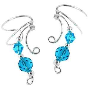   Sterling Silver Two Blue Crystal Beads Wave Ear Cuff Wrap Set Jewelry