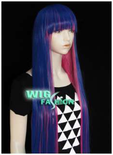 New Long Blue Mixed Pink Straight Hair Wig With Bangs  