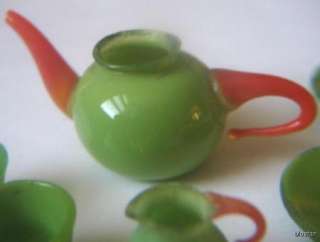   Germany Miniature Dollhouse Green Glass Tea Set Pot Cup Plate  