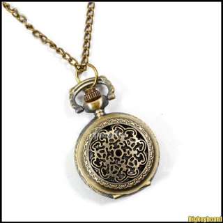 Vintage Bronze hollow Necklace Pendant Quartz Pocket Watch  