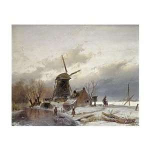 Andreas Schelfhout   A Frozen River Landscape With A Windmill Giclee 