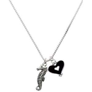 Antiqued Seahorse and Black Heart Charm Necklace: Jewelry