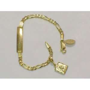  14k Gold Baby Id Figaro Bracelet with Miraculous Medal 
