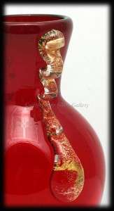 Ruby and Gold Hand Blown Italian Art Glass Vase with Crystal Foot 