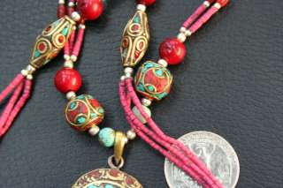 AFGHAN CORAL STONE AND MOROCCAN SILVER PENDANT NECKLACE  