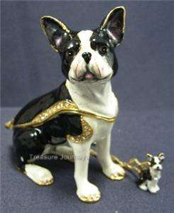 Bejeweled Boston Terrier Dog Trinket Box w Necklace  