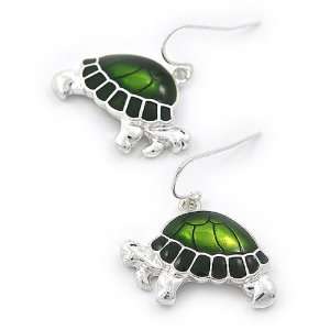  Silvertone Green Epoxy Turtle Dangle Earrings Jewelry