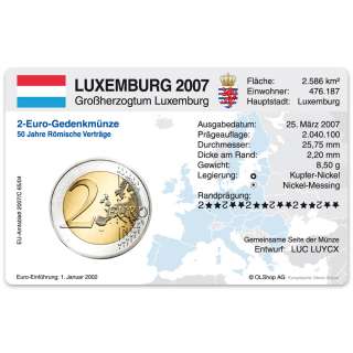 Münzkarte für 2 Euro Gemeinschaftsmünze Luxemburg 2007  