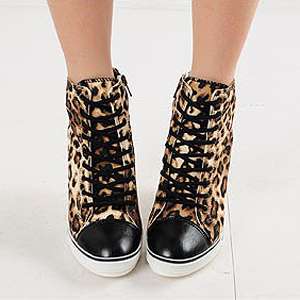 Womens Brown Leopard Sneakers Wedge Heel Shoes US 5~7.5  