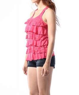   Lace Tiered RACER BACK RUFFLE TANK TOP Cozy Sleeveless TEE  