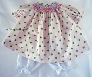 DOLL CLOTHES fits Bitty Baby Green Polka Dot Smocked Dress & Bloomers 