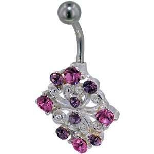  Pink Purple Filigree Flower Birthstones Belly Navel Ring Body Jewelry