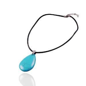   Silver Tear Drop Turquoise Pendant Black Cord Necklace, 16 18