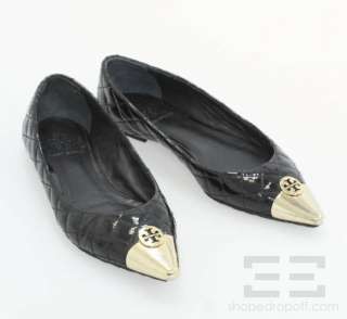 Tory Burch Quilted Black Patent Leather Gold Logo Pointed Toe Flats 