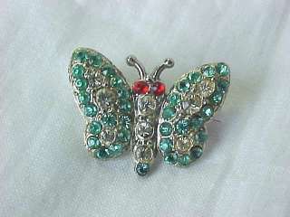 vintage silver color butterfly pin clear crystal body red crystal eyes 