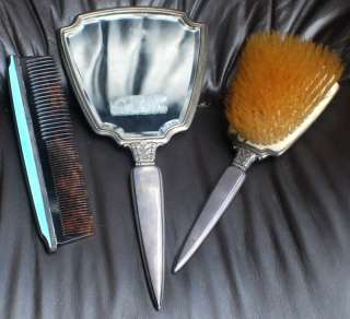 Antique Sterling Mirror, Brush & Comb Enameled Set  