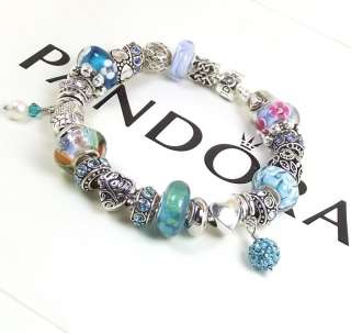Authentic Pandora Bracelet Chain with Blue Murano Glass Bead Crystal 