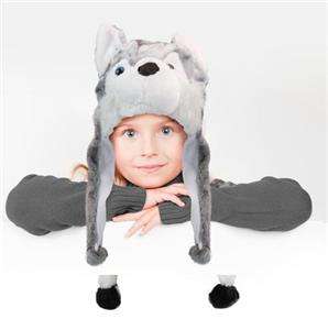 NEW Adorable Stuffed Wolf Kids Animal Warm Plush Winter Hats Earmuffs 