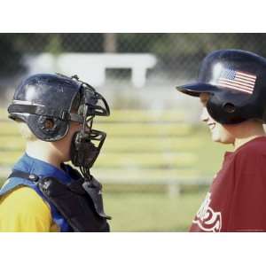 Two Boys in Baseball Uniforms Looking at Each Other Photographic 